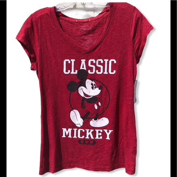 NWT Mickey Mouse WALT DISNEY T-Shirt Womens M Classic Fitted Burgundy Red Top - Picture 1 of 6